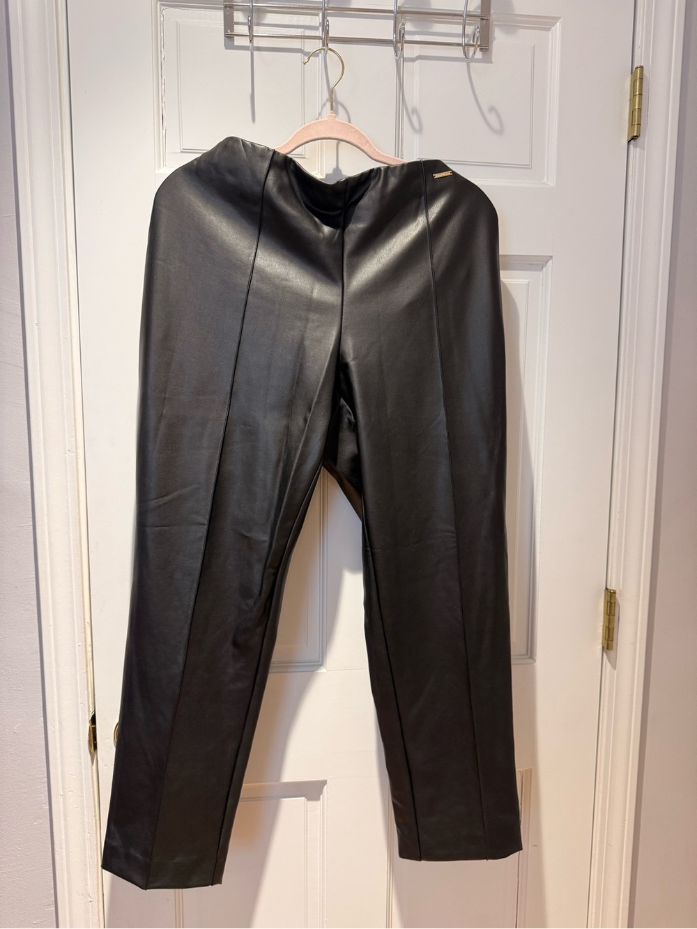 Black Faux Leather Straight Leg Pants High Rise Dressy Trousers